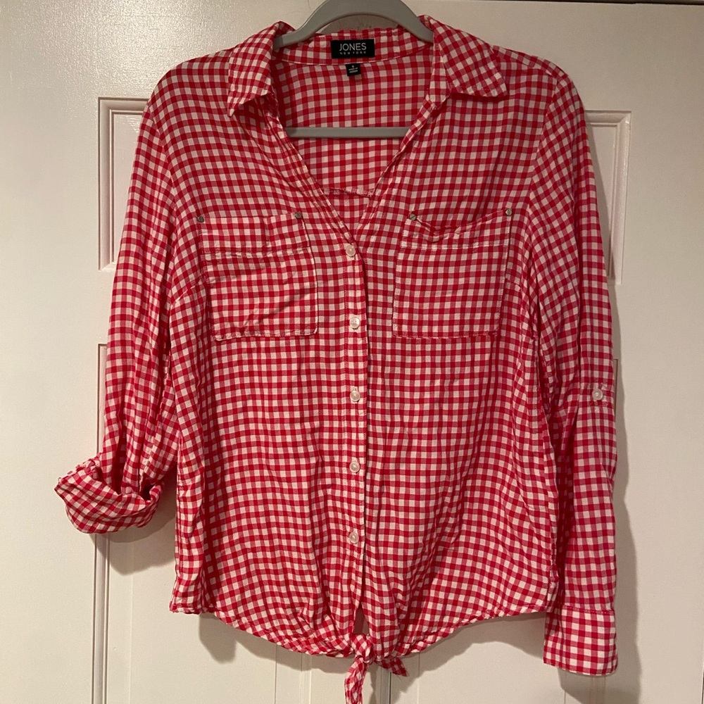 Jones New York Red Gingham Tie-Front Button-Down Shirt | Small